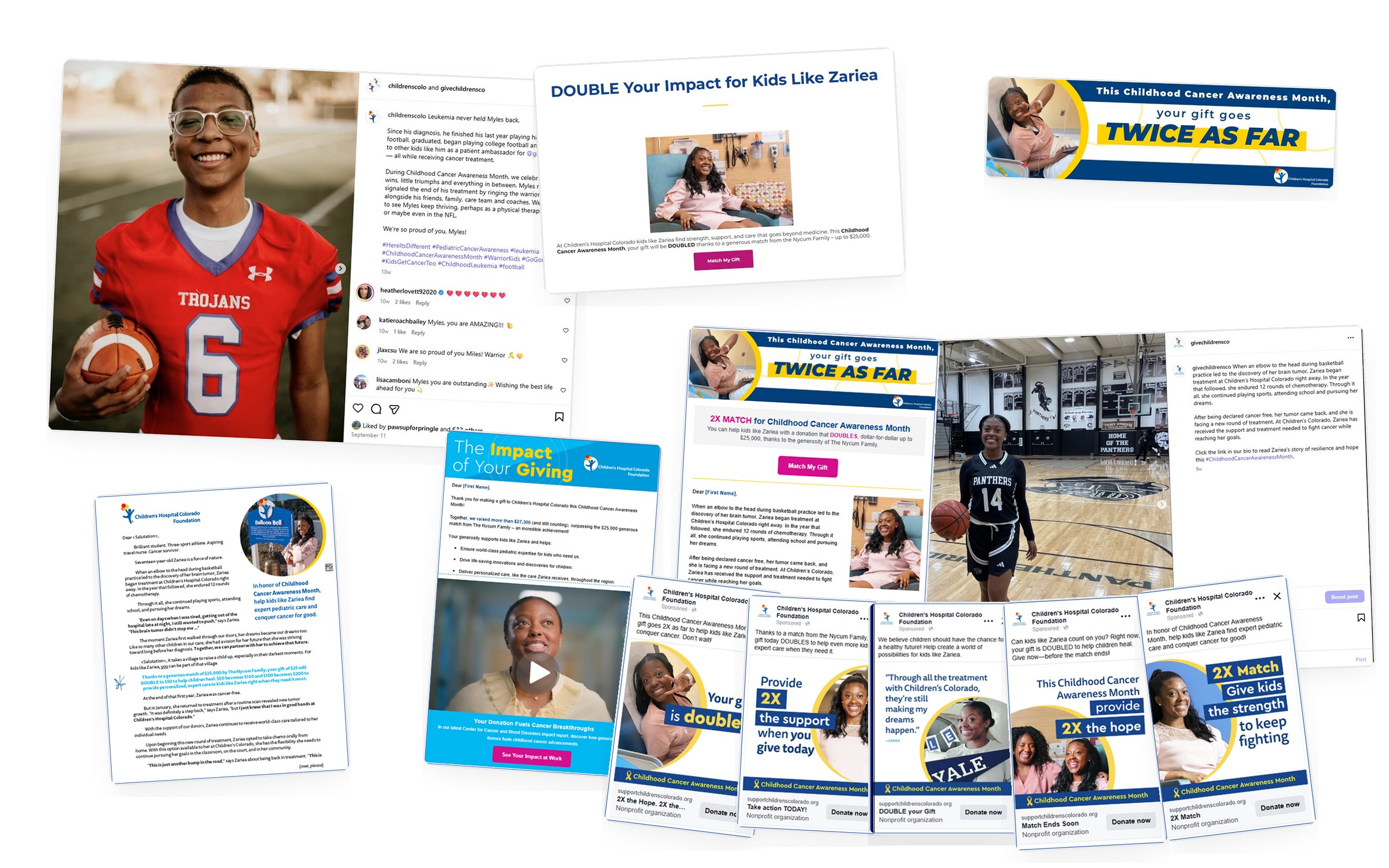 Childhood Cancer Awareness Month: one message across every channel, with coordinated creative spanning paid social, email, web, and display for one of the Foundation’s eight annual tentpole campaigns.