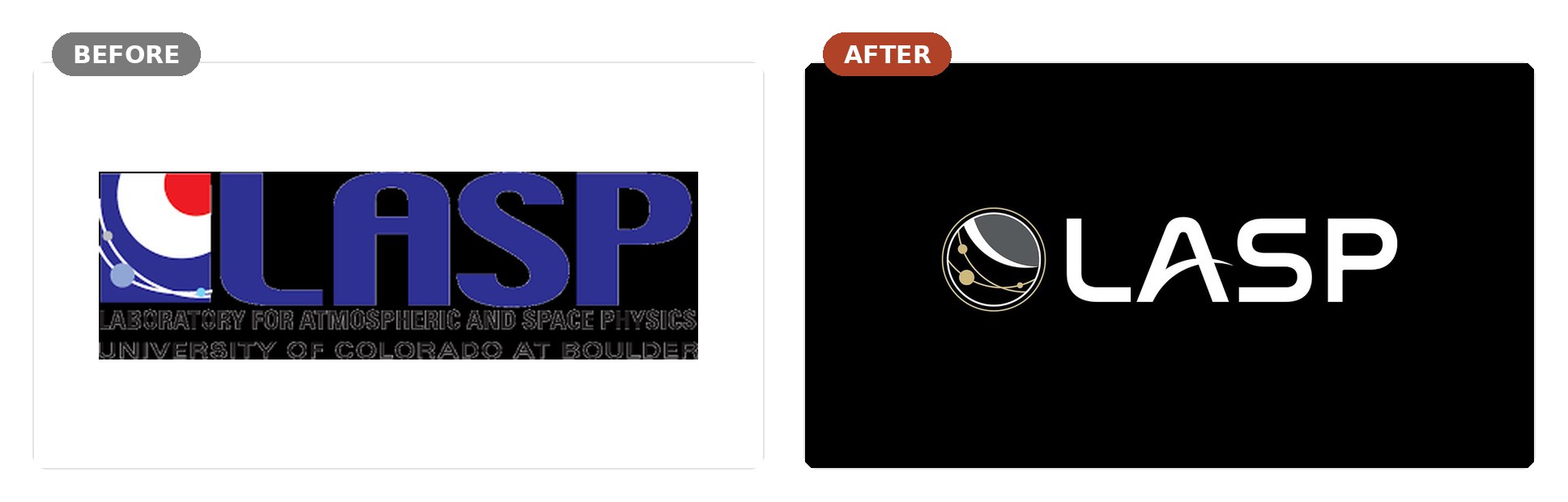 The brand refresh: LASP’s legacy mark beside the modernized identity, aligned with the University of Colorado and built to carry one voice across everything from mission materials to conference booths.