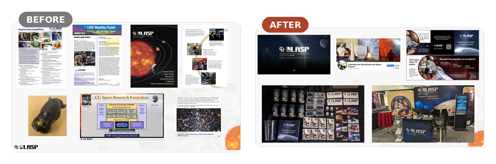 The refresh in the wild: the patchwork of legacy flyers, newsletters, and posters, and the unified system that replaced it, from the website and social presence to conference banners, booths, and branded materials that armed 750 scientists with one look and one voice.