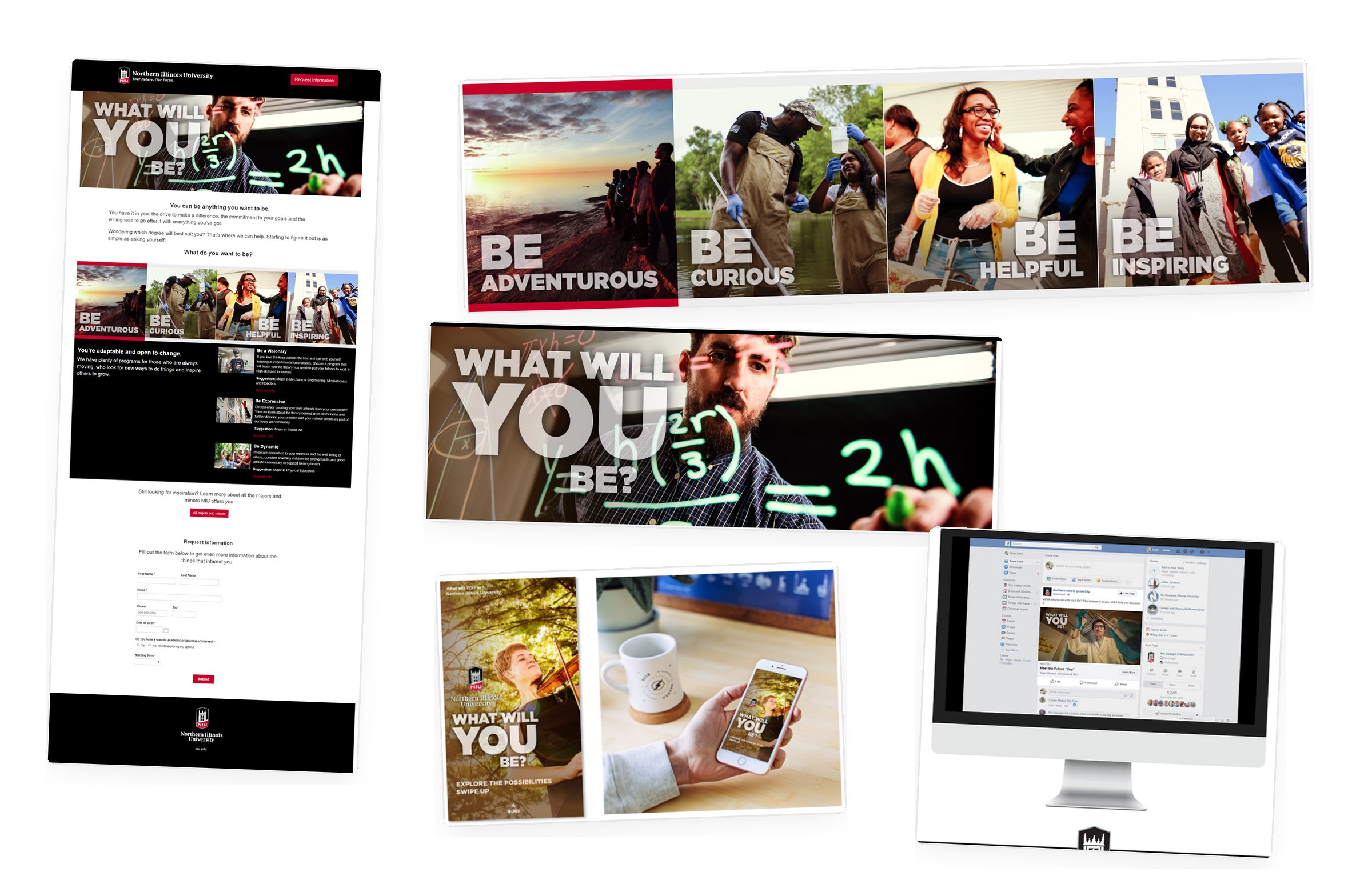What Will You Be?: a values-led brand campaign for prospective freshmen. Instead of leading with programs, we led with who students wanted to be, adventurous, curious, helpful, inspiring, then matched each theme to the majors that fit. The campaign delivered leads at a very low cost, and those leads enrolled at a high rate.